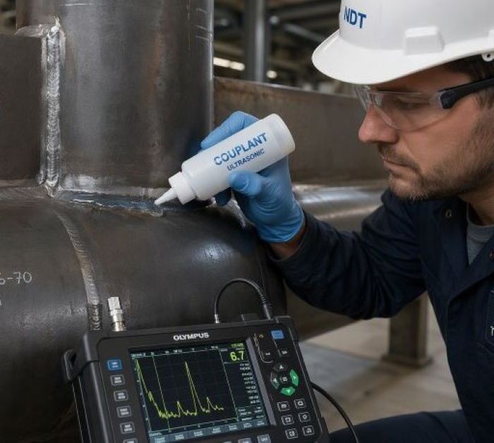 ndt technician applying couplant to weldment 3