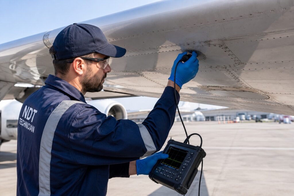 image of ndt tech testing an airplane wing