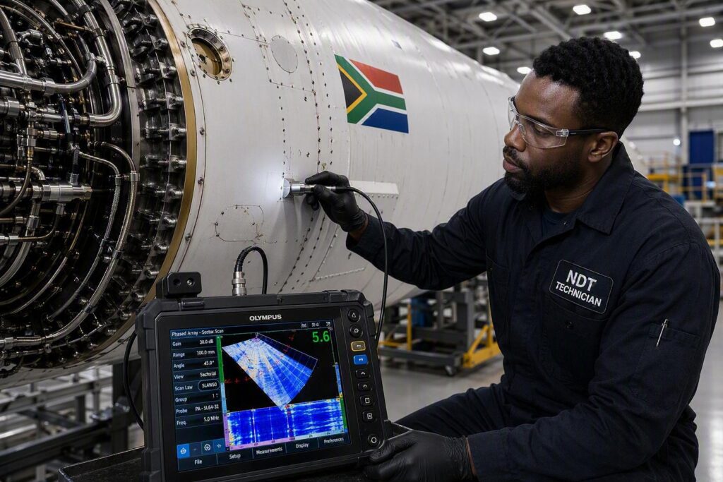technician inspecting a rocket